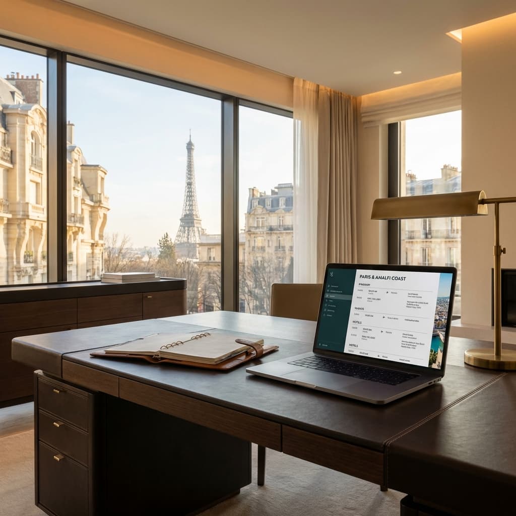 Luxury Travel Advisor working in a high-end office